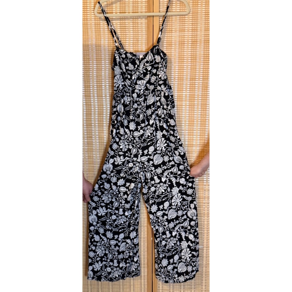 Knox Rose Black White Floral Wide Leg Jumpsuit Womens Medium Smocked Back Boho